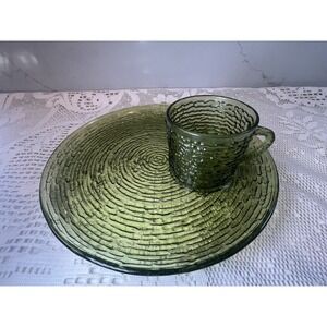 Vintage Anchor Hocking Soreno Avocado Green Snack Set 8pc MCM w Box